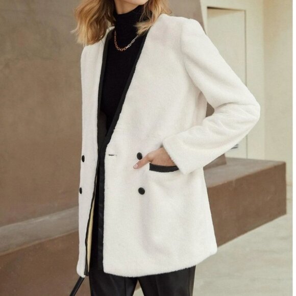 luxury faux leather detailed fuzzy jacket elegant - Picture 7 of 9